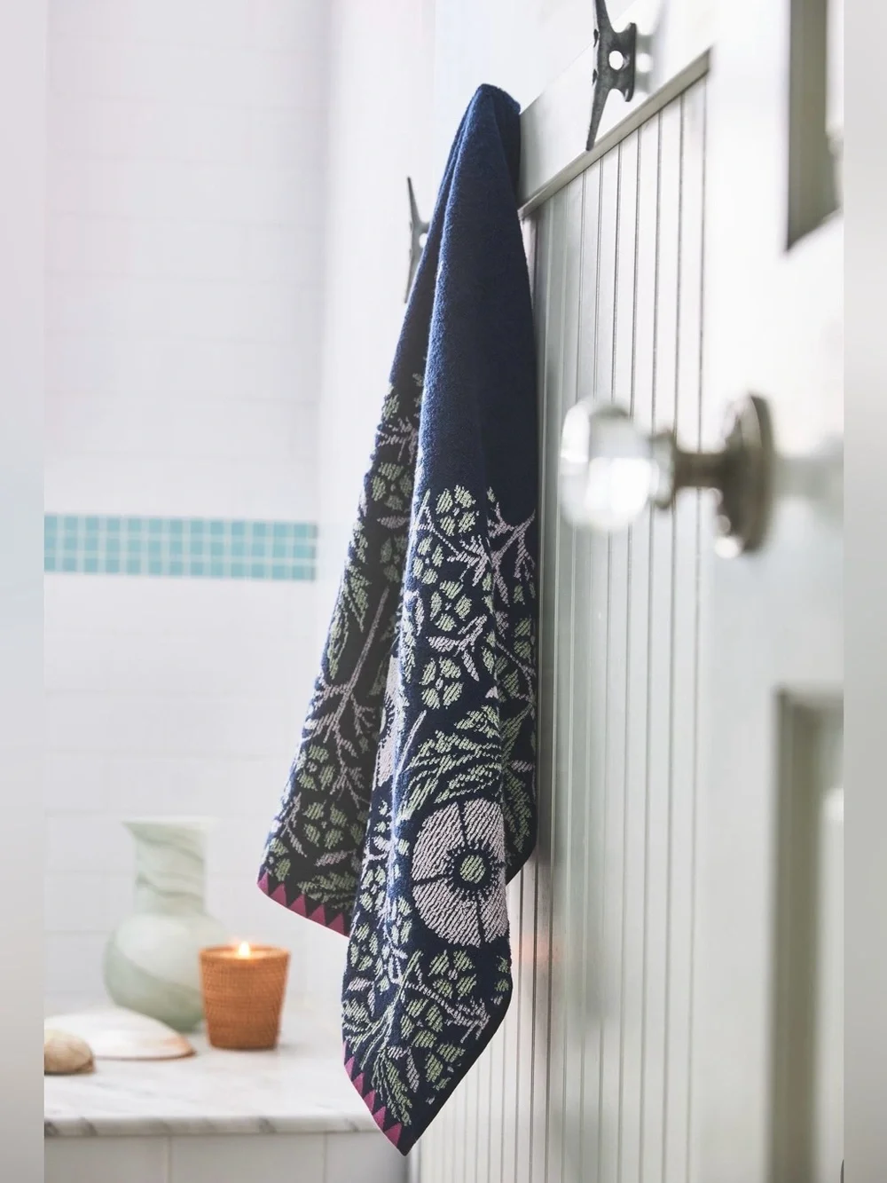 Anthropologie Ellen Merchant Bath Towel, Floral Navy and Pink